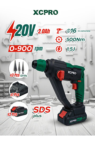 XCPRO 20V Cordless Rotary Hammer 1.5J, SDS Plus, 2x2.0Ah, Vibration Control, ...