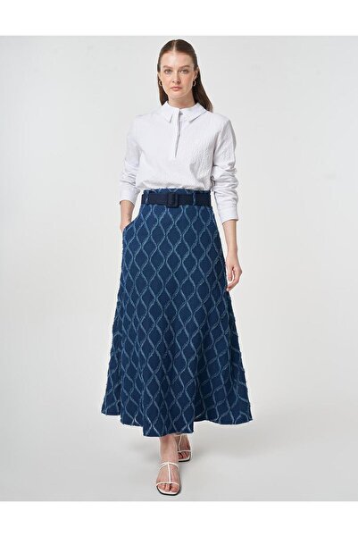 Kayra Kemer Detaylı Eskitmeli Denim Etek Lacivert