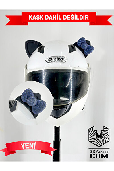 Butik Motor & Motosiklet Gece Mavi Fiyonklu Siyah Kedi Kulak Kask Dış Aksesuarı
