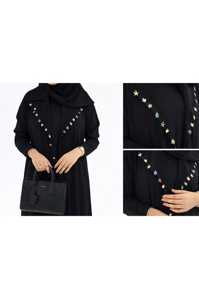 Generic Elegant black abaya with a veil, adorned with colorful gold pendants.