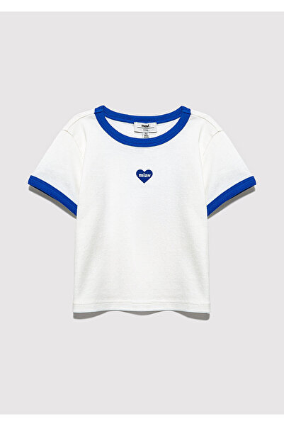 Mavi Miav Kalp Nakışlı Beyaz Tişört Fitted / Vücuda Oturan Kesim 7610492-70057