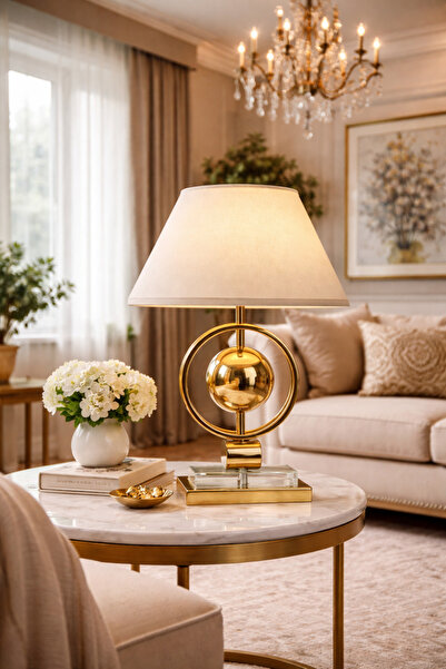 Vinner Aurex Gold Metal Gövdeli Modern Dekoratif Abajur – Krem Keten Şapkalı ...