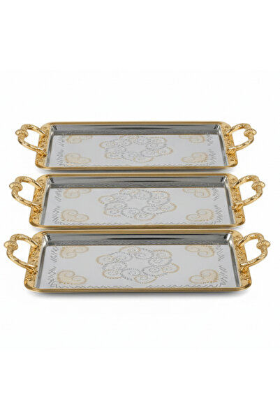 AKDC 3-Piece Rectangular Silver Stainless Steel Serving Tray Set with Stylish...