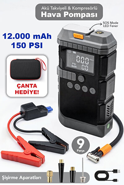 mimtec 12.000mAh Hava Kompresörü - Taşınabilir Akü Takviyeli Şişirme Pompası ...