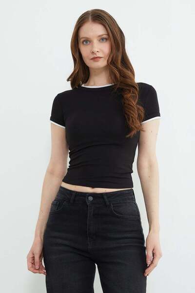 Fulla Moda Μπλουζάκι Basic Crew Neck με ρέλι Crop