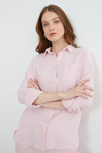 Fulla Moda Cămașă casual din țesătură de muselină Tek cu buzunare