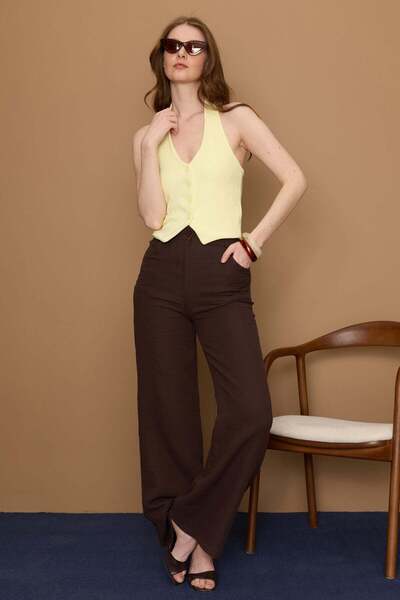 Fulla Moda talie înaltă Pantaloni din țesătură de muselină cu fermoar