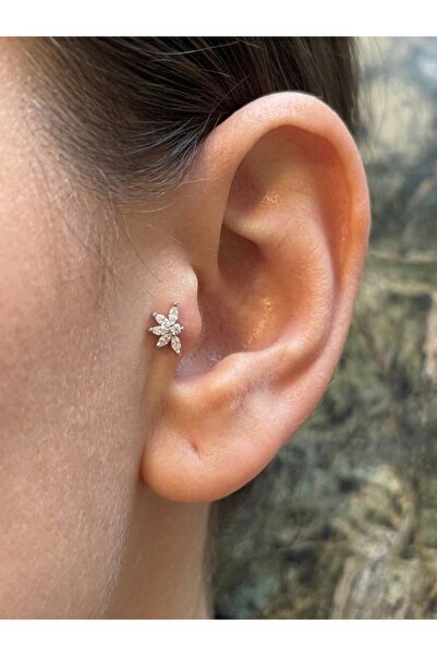 Fern Jewelry Çiçek Model Taşlı Gümüş Renk Piercing & Minimal Küpe