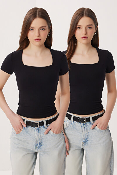 Lovelyİstanbul Pachet de 2 decolteu pătrat basic din material subțire tricou ...