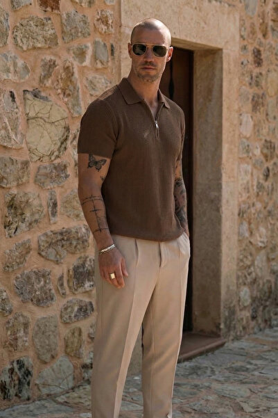 The Champ Clothing Ανδρικό πλεκτό μπλουζάκι Με υφή κοτλέ καφέ - Γιακάς πόλο, ...