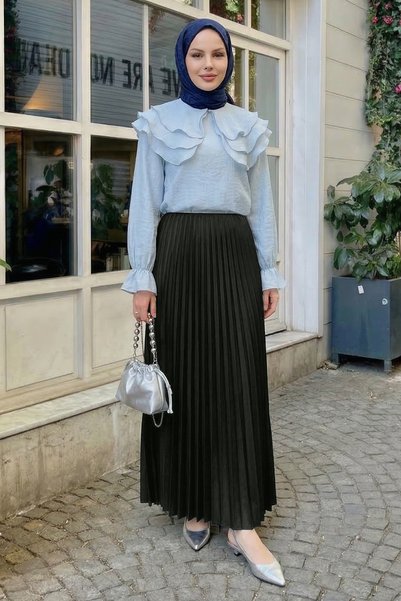 InStyle Dark Khaki Pleated Skirt with Hidden Elastic Waistband