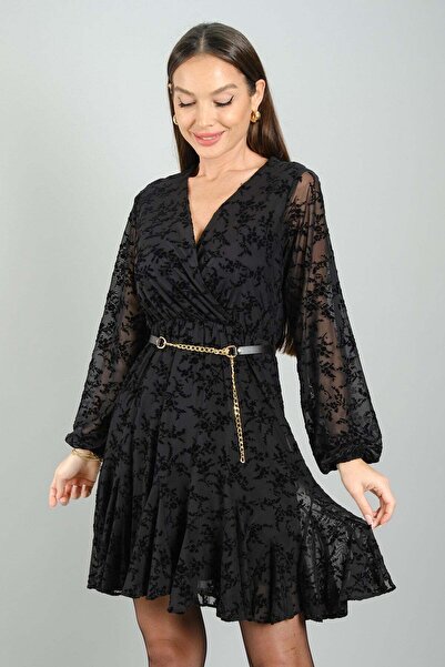 SWEETNESS Women's Black Flock Patterned Chiffon Fabric Double-Breasted Collar...