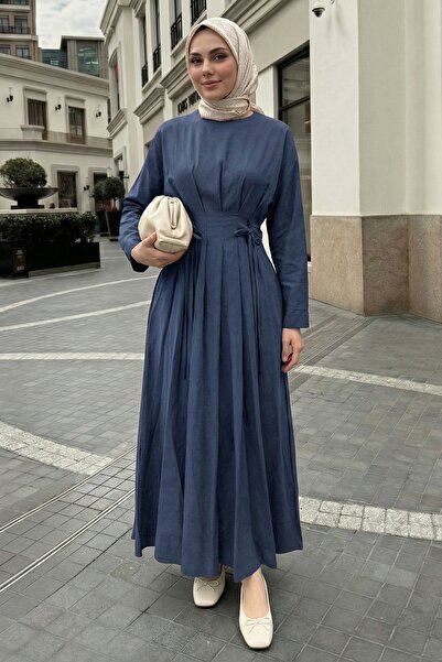 InStyle Με πιέτες Μπλε Φόρεμα με Ζώνη