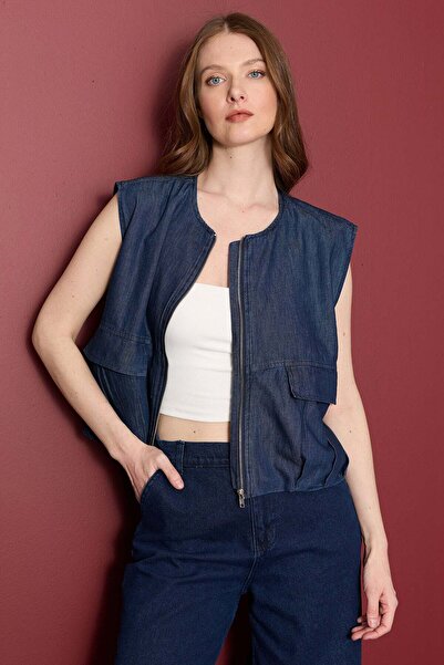 Fulla Moda Джинсовий жилет на блискавці та плісованих кишенях