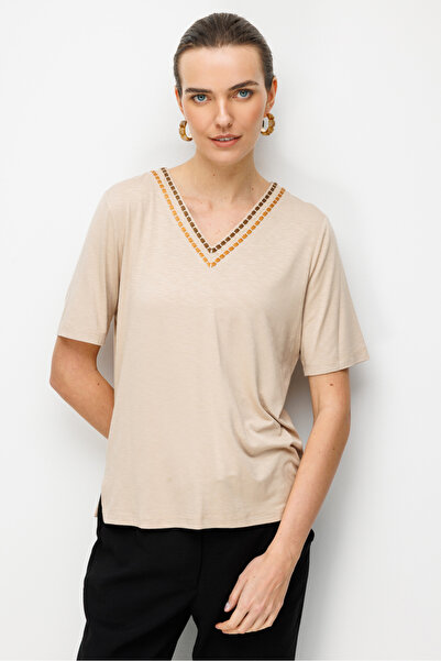 Desen Triko Women's V-Neck Collar Two-Color Embroidered Stone-Embellished Com...