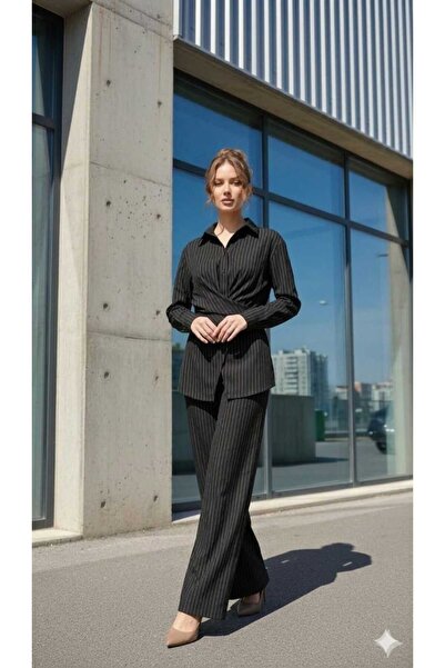 newmisal Women's Comfortable Fit Striped Dok Woven Maş Self-Tie Shirt and Pan...