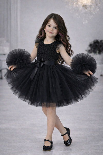 RUMİ KİDS Kollu Tüllü Kız Çocuk Abiye Parti Elbise Ponponlu SİMLİ