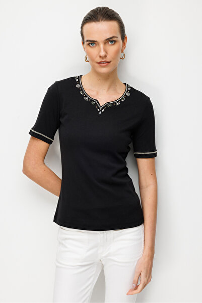 Desen Triko Bluză de damă cu decolteu în formă de O și mâneci brodate P bumba...