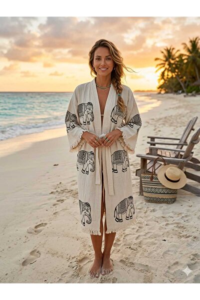 MODA ÇİFT KAT MÜSLİN %100 PAMUK TAŞ BASKI FİL DESENLİ KİMONA KAFTAN SABAHLIK
