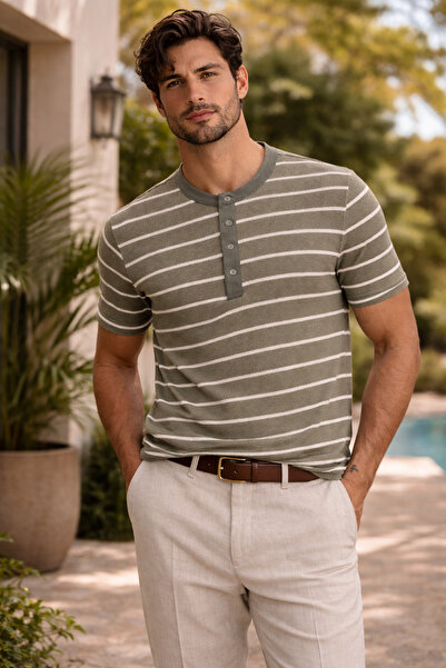 Valiberta Kristof Piqué Fabric Regular Fit Button-Down Collar Self Striped T-...