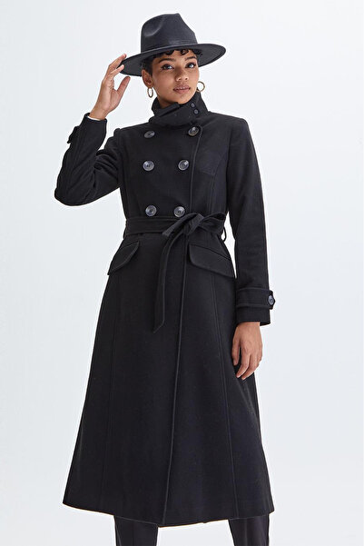 Kayra Kadın Kemik Düğmeli Kuşaklı Kaban - Siyah