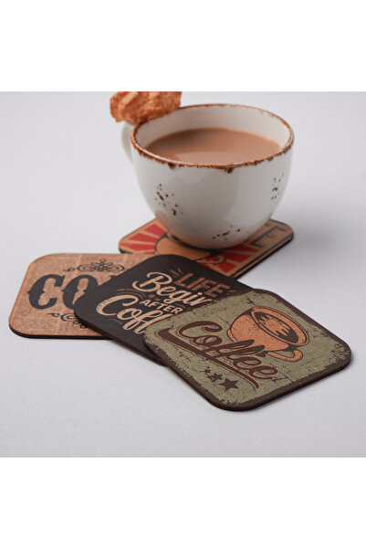 HippoDeco Vintage Coffee Themed Mdf Coasters Set of 4 9X9 cm Decorative Coffe...