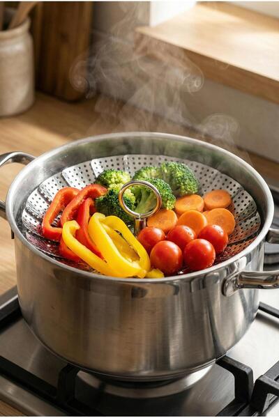 EWs جهاز طهي وتبخير قابل للطي من الفولاذ المقاوم للصدأ مقاس 27 سم