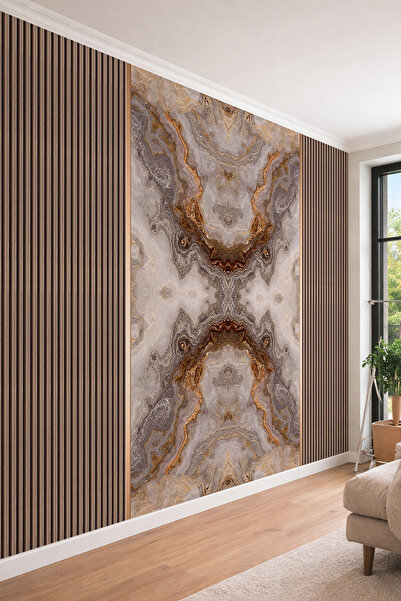 dreamwall Ahşap Çıta ve Damarlı Mermer Desenli Tek Parça Tekstil Duvar Kağıdı