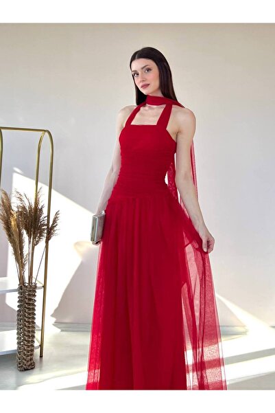 For Angels Halter Neck Dress Tie-Detail Ruched Lined Tulle