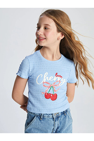 LC Waikiki LCW Παιδικό μπλουζάκι με μπλε λαιμόκοψη Cherry με στάμπα για κορίτσια