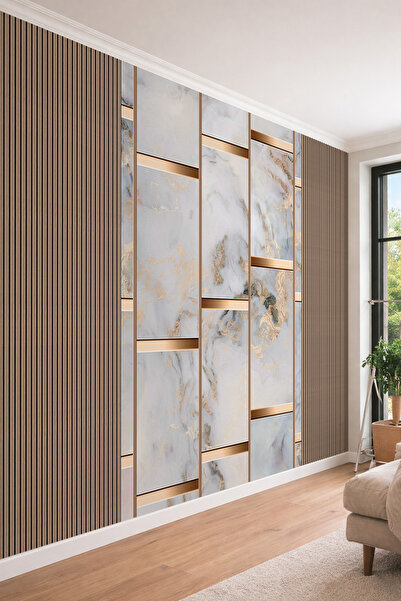 dreamwall Ahşap Çıtalar ve Geometrik Mermer Panel Desenli Tek Parça Tekstil D...