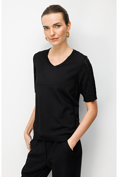 Desen Triko Γυναικεία πλεκτή μπλούζα με λαιμόκοψη V, διάτρητη, κοντομάνικη, λ...