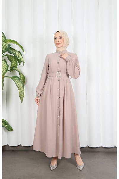 HNT Hayrunnisa Tesettür Belden Pile Detaylı Boydan Düğmeli Kemerli Elbise Viz...