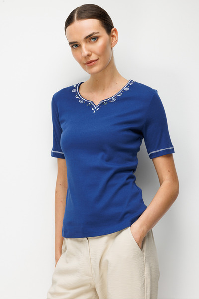 Desen Triko Bluză de damă cu guler în formă de O și mâneci brodate P bumbac u...