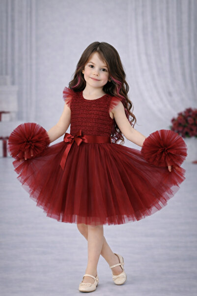 RUMİ KİDS Kollu Tüllü Kız Çocuk Abiye Parti Elbise Ponponlu SİMLİ