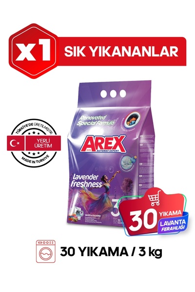 AREX AHN AREX Matik Toz Çamaşır Deterjanı 3 Kg Lavanta Ferahlığı 30 Yıkama Re...