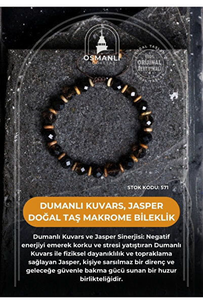 OSMANLI DOĞAL TAŞ Certified Smoky Quartz, Jasper Natural Stone Macramé Bracel...