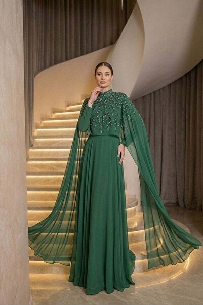 hakimoda Elmina Chiffon Evening Dress Emerald