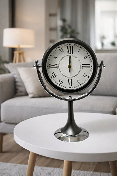 AZELON EV OFİS DEKORATİF 27 cm* 38 cm SİYAH - GÜMÜŞ KOMBİNLİ METAL MASA SAATİ