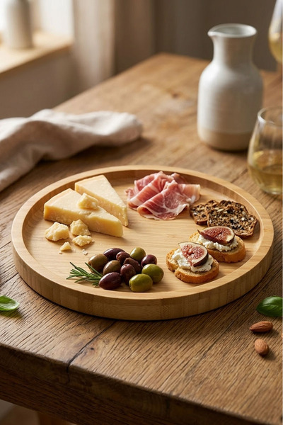 Bambuland Round Bamboo Serving Plates – Natural Wood Breakfast and Presentati...