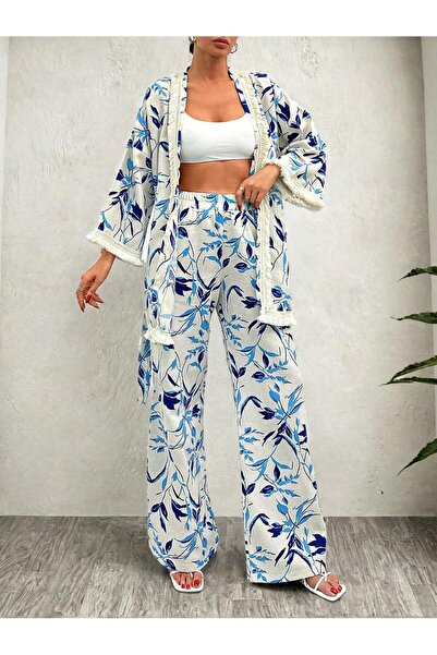 mass fashion Kadın Desenli Keten Pantolon Ve Ceket Takım