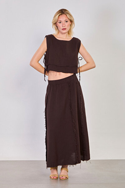 BARRELS AND OIL Women's Side-Tie Skirt Blouse Double Set - Bitter Brown