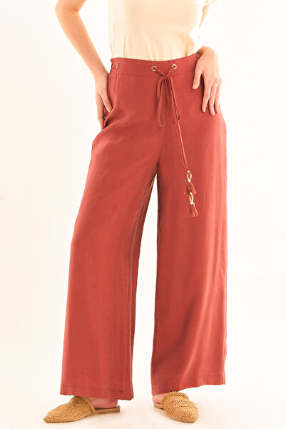 Kayra Kadın Beli Bağcıklı Geniş Paça Pantolon - Kiremit
