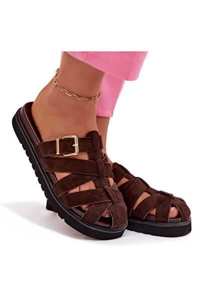 BOTO Sandale damă cu barete cu curele cataramă aurie, culoarea ciocolată, mod...