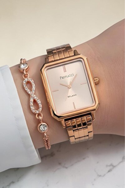 Ferrucci Bileklik Hediyeli Rose Gold Kadın Kol Saati 26 mm Dikdörtgen Kasa Çe...