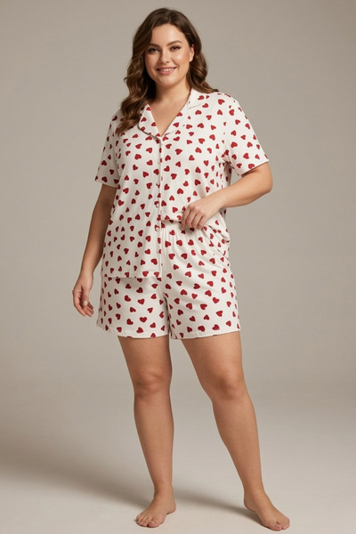 İPEKTENİM Kalp Desenli Düğmeli Büyük Beden Gömlek Şort Pijama Takımı