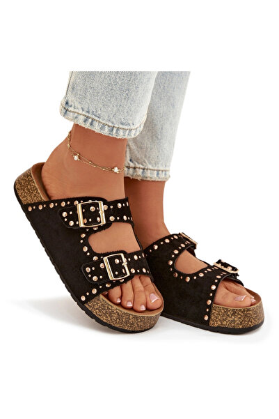 BOTO Papuci de damă cu cleme și știfturi aurii, negri, Tervina 39