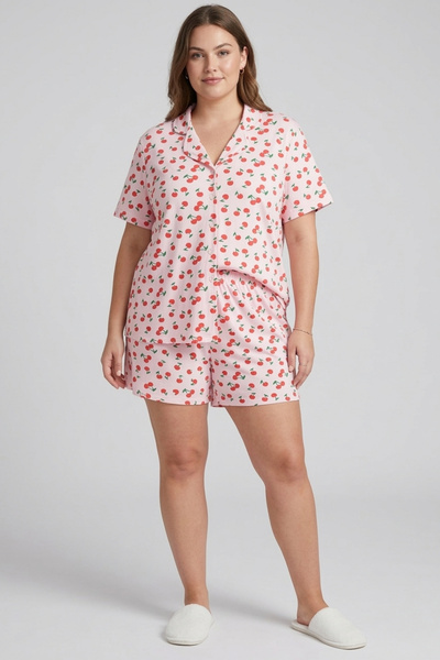 İPEKTENİM Kiraz Desenli Düğmeli Büyük Beden Gömlek Şort Pijama Takımı