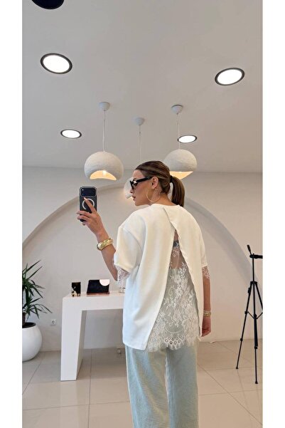 LOKADI Sırtı detaliu cu decupaj dantelă cu secțiuni supradimensionat Tricou