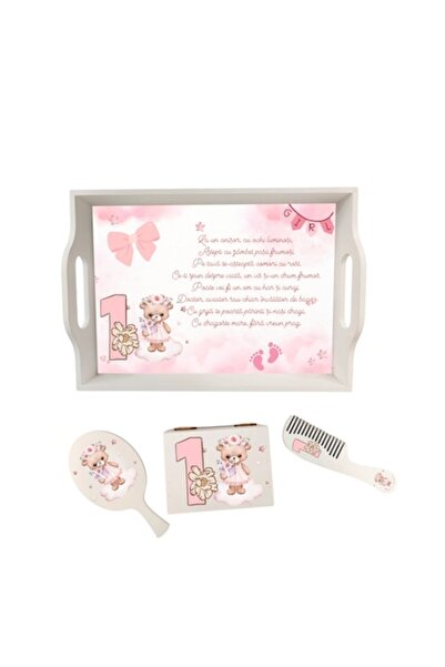 OEM Set Tavita de Mot Fetita – Ursulet Roz, Personalizata + Perie, Oglinda si...
